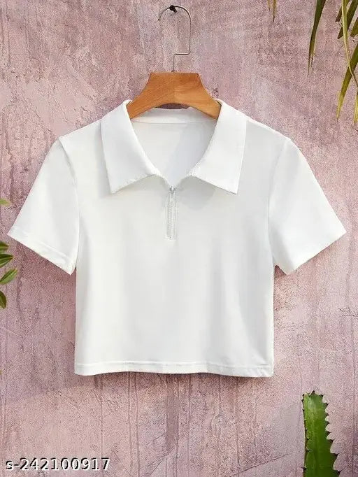 Cotton crop collar half zip, solid patterned casual top for women in short sleeves, XS-XXXXL sizes available
