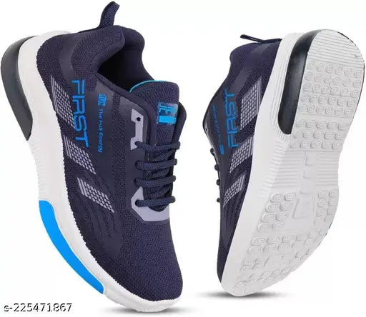 This is a pair of navy blue kids' running shoes with lightweight features and a casual design, suitable for school