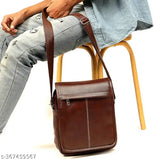 Men's brown synthetic leather crossbody bag with multiple pockets, adjustable strap and zip closure. Ideal for travel, work or fashion accessory