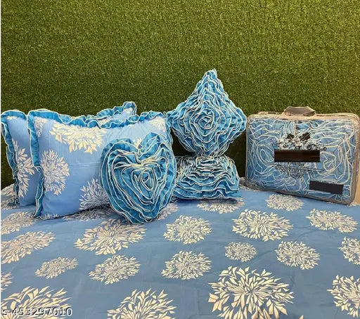 Amber Trading Company 6-piece floral cotton set: double bedsheet, 2 pillow covers, 2 cushions (14x14 inches, heart-shaped), perfect for king size beds (90x100) - Indian-made