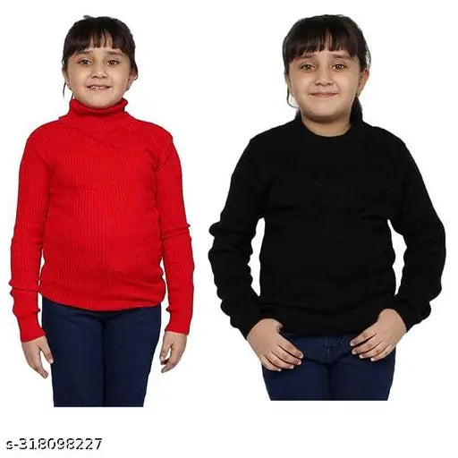 Red & Black Wool Turtlenecks for Girls - Full Sleeves, Warm, High Neck, Pack of 2