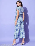 Blue cotton-linen printed net V-neck jumpsuit (India), short sleeves, style for women - XXL (bust 43", length 52", waist 34", hip 48")