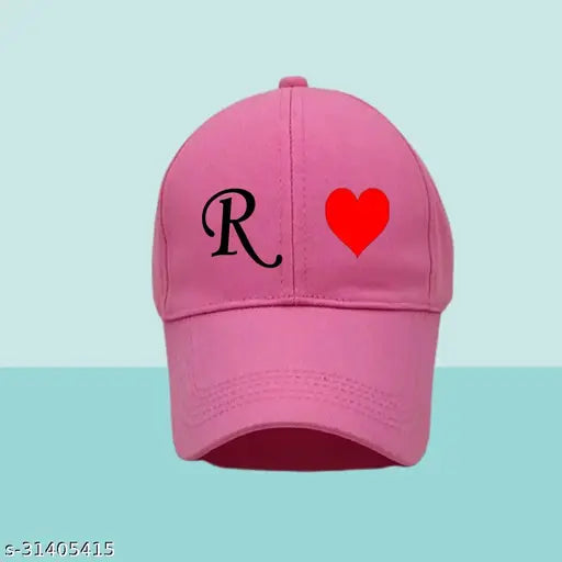 Hot pink baseball cap with letter R and heart graphic