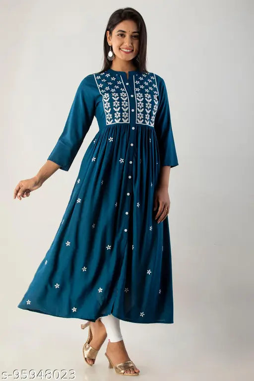 Womens embroidered rayon anarkali kurti, blue, long flared