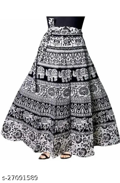 Black and white printed cotton A-line skirt, Rajasthani special design for women