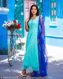 Georgette women's western-style plain button attach gown with dupatta, solid pattern, sequin butti net dupatta, customizable top length and fumka details