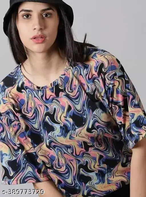 Multicolor viscose rayon printed round neck t-shirt for women, vibrant design by Khazana Creations, India