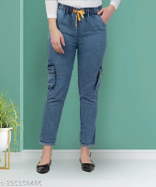 High-waisted stretchable premium denim cargo blue jogger jeans for women