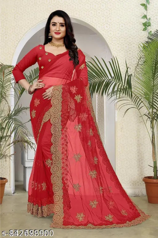 Salmon net Amrita Saree with embroidered floral themes and stone adornments, free size, Indian origin
