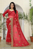 Salmon net Amrita Saree with embroidered floral themes and stone adornments, free size, Indian origin