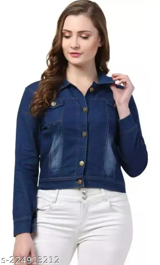 Denim women's XXL winter jacket by A K Garments, solid color and long sleeves for cold weather wear
