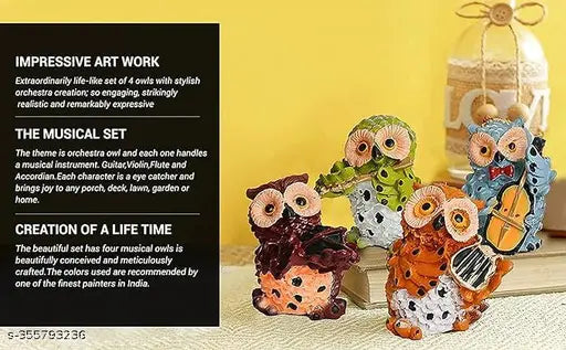 Moroccan blue and orange ceramic owl set. Includes musical instruments, decorative knick-knacks, and unique home décor design. Ideal gift for music enthusiasts, animal lovers, and collectors