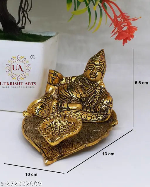 Metal Kuber Statue with Deepam Oil lamp, 13cm x 6.5cm x 10cm - Feng Shui Showpiece for Hindu temple decor & home prosperity
