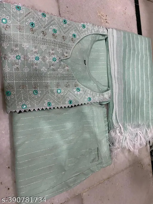 Green and white embroidered kurta set with dupatta