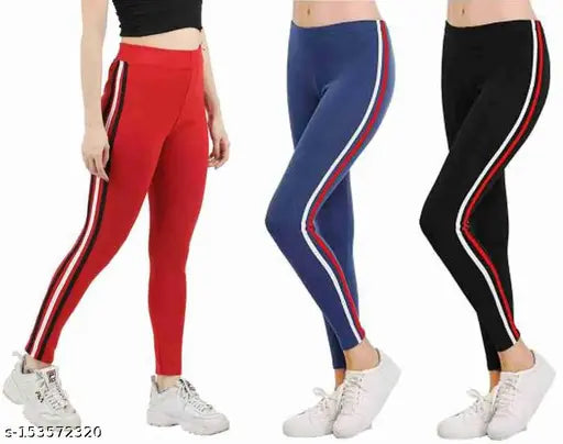 Cotton blend striped jeggings pack of 3, soft, stretchable, and suitable for sports/yoga. Ankle-length with skinny fit and elastic waistband. Available in sizes 28, 30, and 32 (Waist 28in/30in/32in, Length 36in, Hip 28in/30in/32in). Made in India