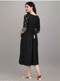 Black rayon embroidered flared kurti, three-quarter sleeves, intricate embroidery, statement party wear outfit, Indian designer fashion