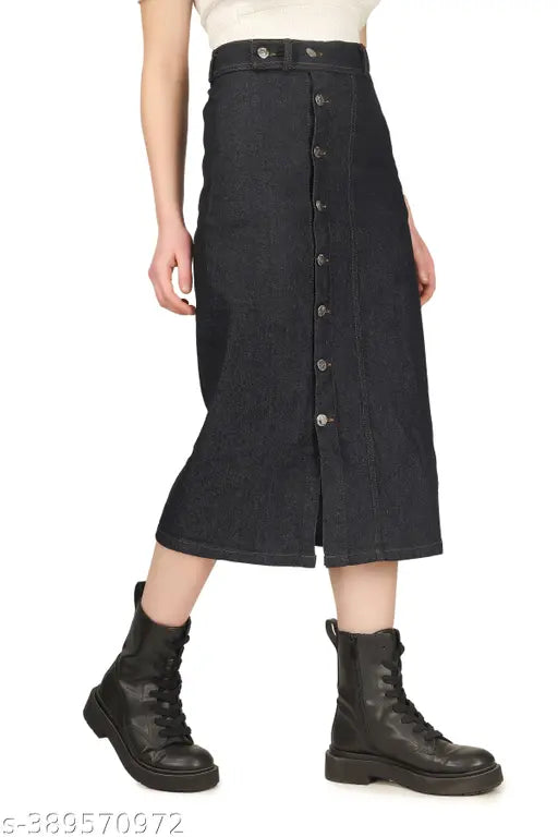 Long black denim skirt with buttons on the side, women's fashion