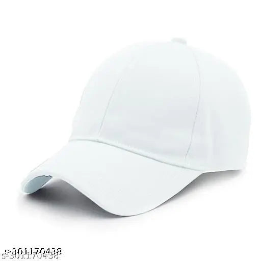 White cotton baseball cap with black brim and embroidered logo