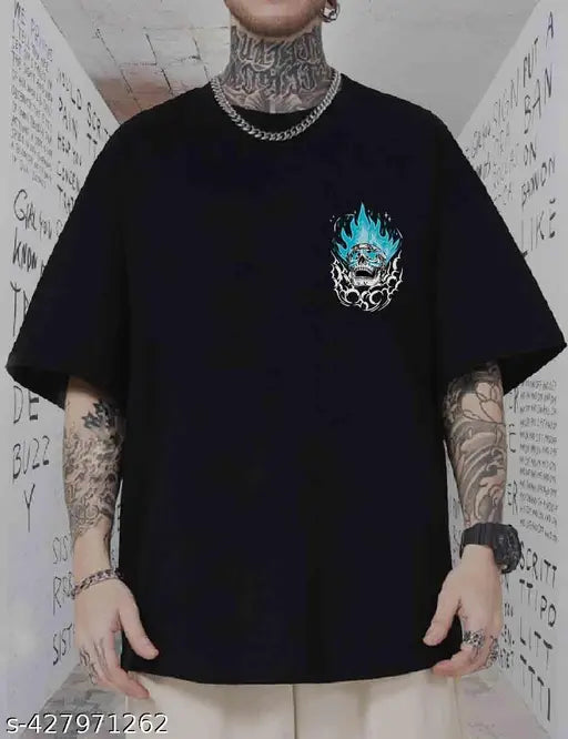 Men's black cotton blend oversized round neck t-shirt with printed skull design, elevate your edgy style