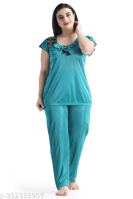 Soft satin fashionable night suit, solid pattern, machine washable for comfortable sleep, suitable for women's honeymoon and regular wear, made in India