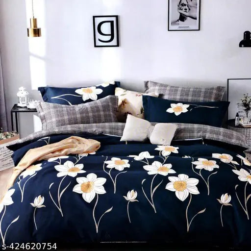 144 TC Cotton Bedsheet for Double Bed with 2 Pillow Covers- Blue King Size 90x93