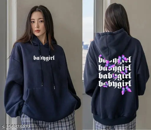 Navy cotton blend oversized hoodie with long sleeves, printed pattern, and comfortable fit. Quality fashion statement for women or girls