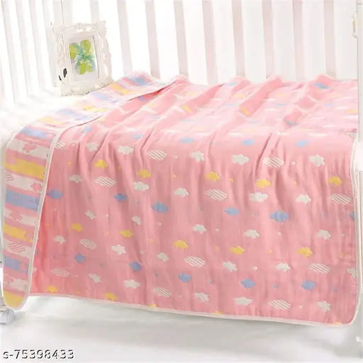PinkCloud 110cm Cotton Baby Swaddle Blanket, versatile for stroller cover, cot, swaddling, and playtime. Breathable, soft, and ideal for AC rooms. Made in China