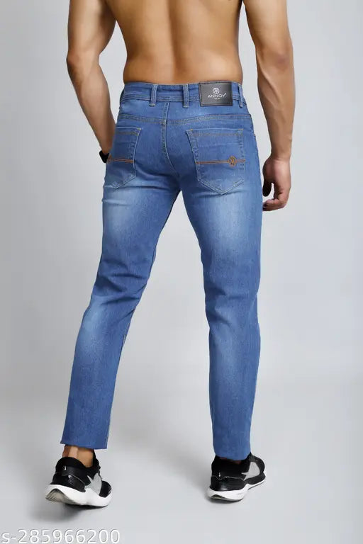 Light blue denim slim-fit mid-rise jeans, high-quality stretchable fabric for casual or special occasions. Sizes: 28/28in, 30/30in, 32/32in, 34/34in (IN)