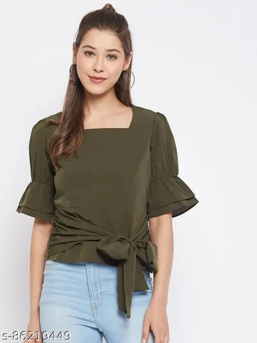 WineRed Women's olive green solid puff sleeve top, polyester fabric, short sleeves, belted front, side zip closure