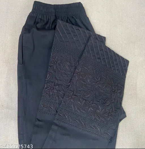 Black Lucknowi Cotton Lycra Pant/Trouser with Embroidered Net & Side Pockets - Indian women's fashion