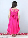 Fuchsia pink silk embroidered hi-low dress for girls party wear, size 1-2 years