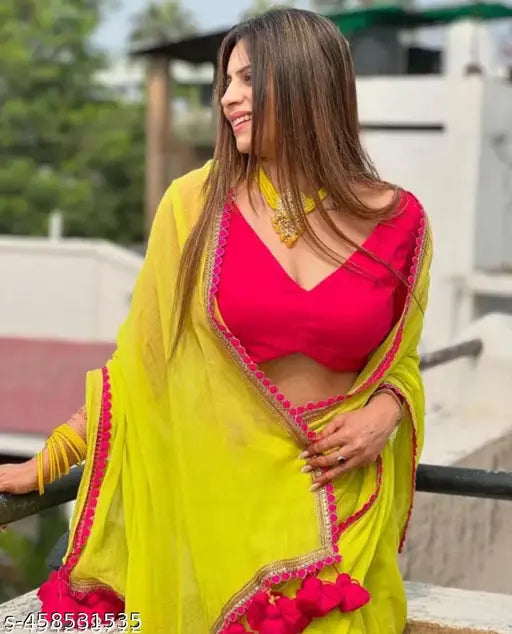 Yellow and red Georgette saree with embroidery work and blouse piece with embroidery work
