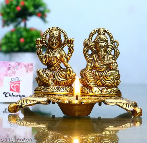 Golden metal Ganesha Lakshmi statue with diya, decorative Indian showpiece (15cm)