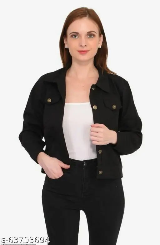Black cotton blend jacket for women, solid pattern with long sleeves