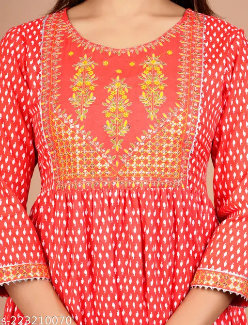 Red viscose rayon women's kurta with three-quarter sleeves, embroidered pattern on Indian origin
