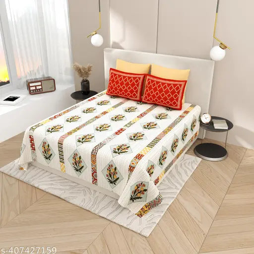 White cotton super king size bedsheet with embroidered pillow covers, chain details.