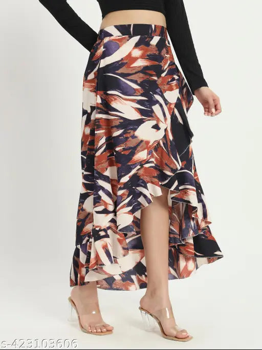 Abstract print midi skirt with pleated A-line silhouette, crepe fabric. Elegant style for casual or special occasions, unique abstract pattern. Made in India, size options: 28, 30, 32, 34 (waist 28in/30in/32in/34in, length 32in, hip 28in/30in/32in/34in)