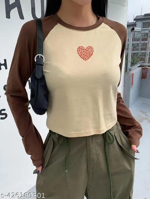 Printed cotton women's crop raglan t-shirt with long sleeves, size S - refer to size chart before ordering (India origin)