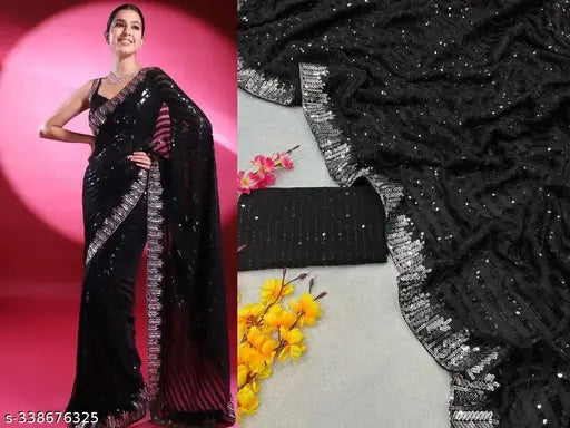 Black georgette saree with silver sequins, sheer net panel detailing