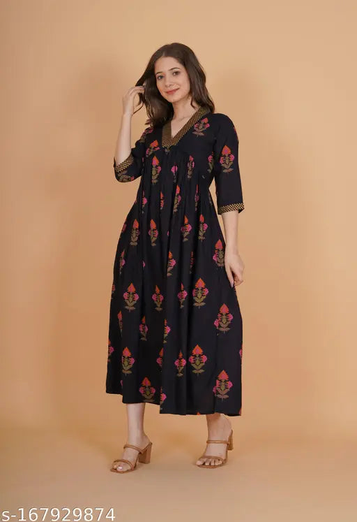 Long, black, rayon flared kurta with gold print flowers and black color