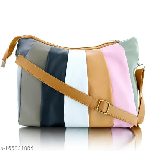 Colorful striped material with a brown strap
