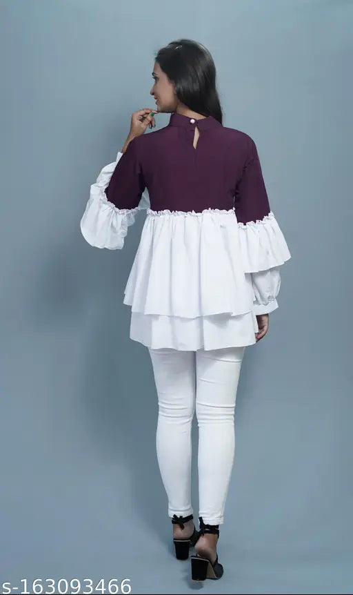 Crepe, colorblocked net, long-sleeve layered top (XS - XXXL); attractive two-tone design with button closure