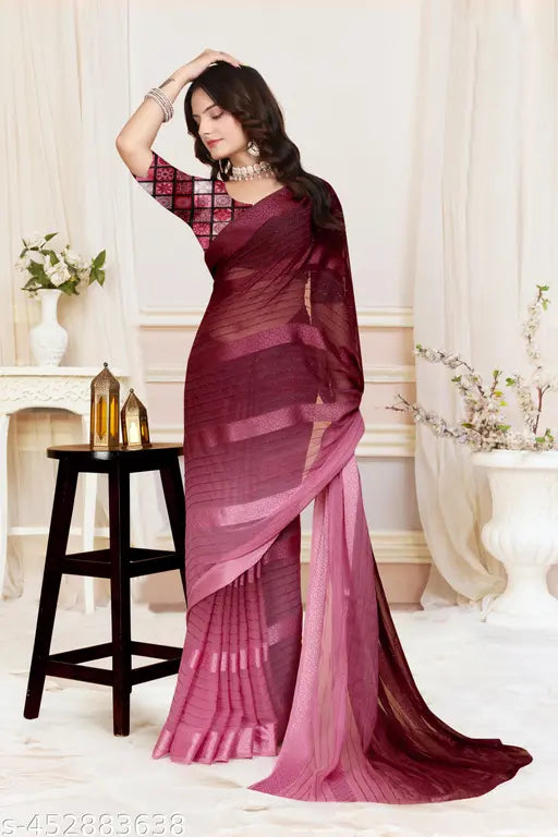Elegant pink and red sari with paisley pattern, traditional style, floor-length