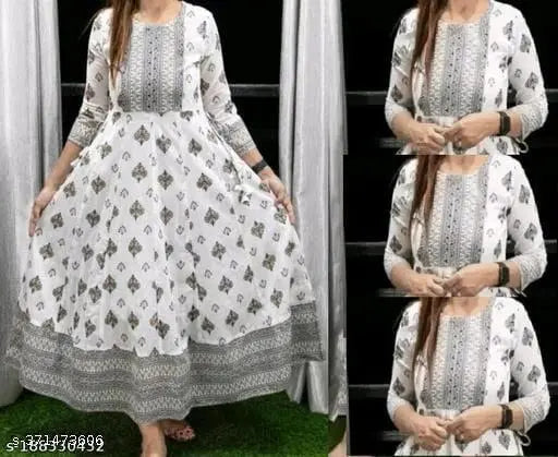 White rayon anarkali gold print kurti for women, three-quarter sleeves, printed combo. Beautiful, stylish outfit choice with a flared silhouette, originating from India