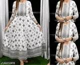 White rayon anarkali gold print kurti for women, three-quarter sleeves, printed combo. Beautiful, stylish outfit choice with a flared silhouette, originating from India
