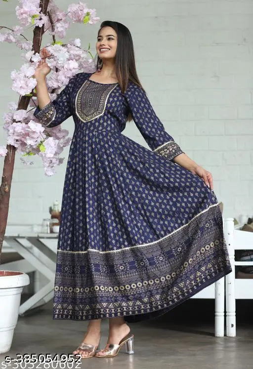 Rayon Anarkali Kurta, Jaipuri-printed wedding wear with three-quarter sleeves, for sizes XS to 6XL