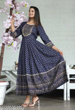 Anarkali kameez, blue rayon fabric, with embellished borders and long sleeves