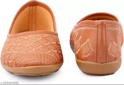 Tan synthetic leather embroidered ballerinas, Jaipuri style for women's party, wedding, outdoor occasions