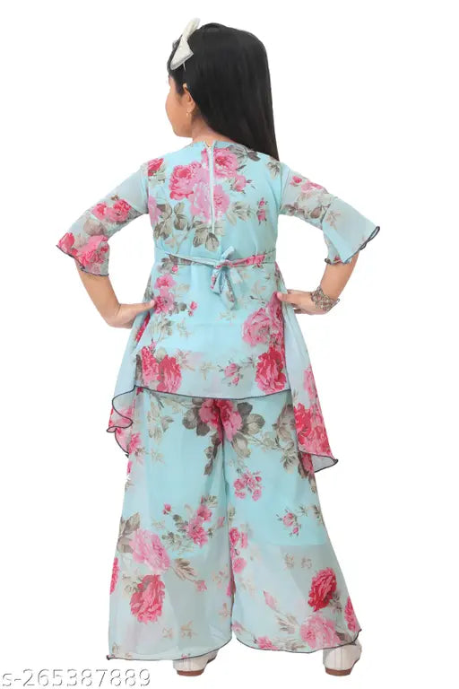 Girls' festive A-line satin kurta with Palazzo pants, three-quarter sleeves. Indian made, no dupatta, for party events age 2-12 years