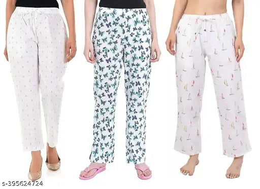 Women's premium stretchable cotton pajamas, no pockets, white base with multiple colorful designs